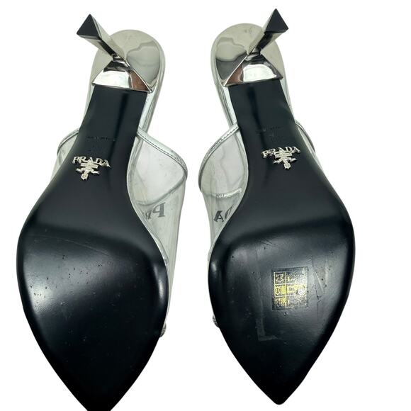 Prada Plex Transparent Pvc Triangle Logo Mule Sandals Silver Size 38.5 - Picture 9 of 10